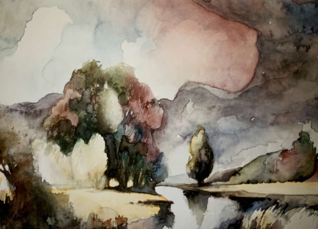 Sfeervolle aquarel van Jeroen Coenders van de Kromme Rade met kleurrijke boompartijen die reflecteren in een kalme waterloop onder een zachte lucht.