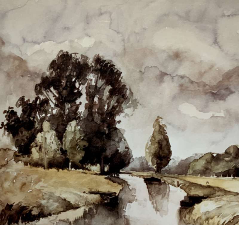 Sfeervolle aquarel van Jeroen Coenders van de Kromme Rade met een weerspiegeling van bomen in het water onder een bewolkte lucht.