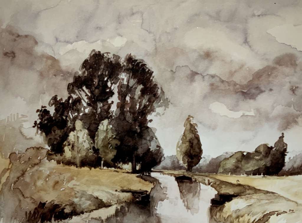 Sfeervolle aquarel van Jeroen Coenders van de Kromme Rade met een weerspiegeling van bomen in het water onder een bewolkte lucht.