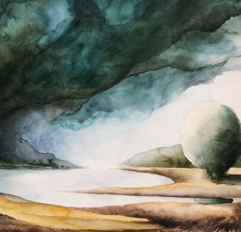 Surrealistische aquarel van Jeroen Coenders met een opvallende ronde boomvorm in een kustlandschap onder een diepgroene, stormachtige lucht.