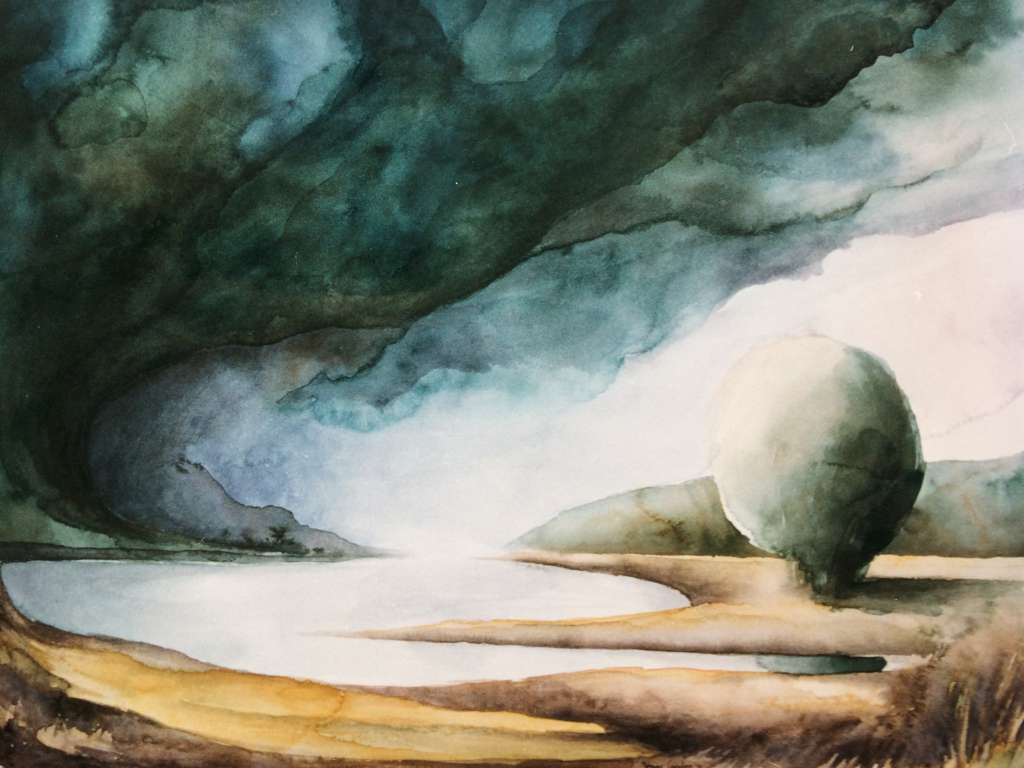 Surrealistische aquarel van Jeroen Coenders met een opvallende ronde boomvorm in een kustlandschap onder een diepgroene, stormachtige lucht.