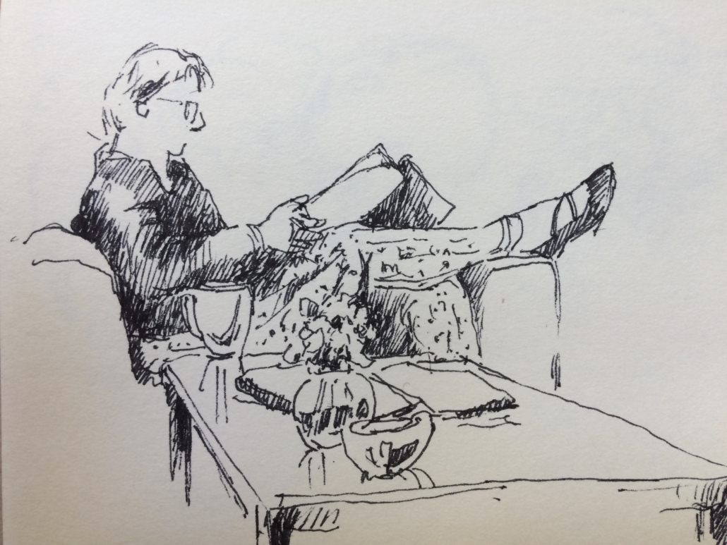 Snel geschetste pentekening van Jeroen Coenders waarop een persoon ontspannen zit te lezen met de benen omhoog achter een tafel.