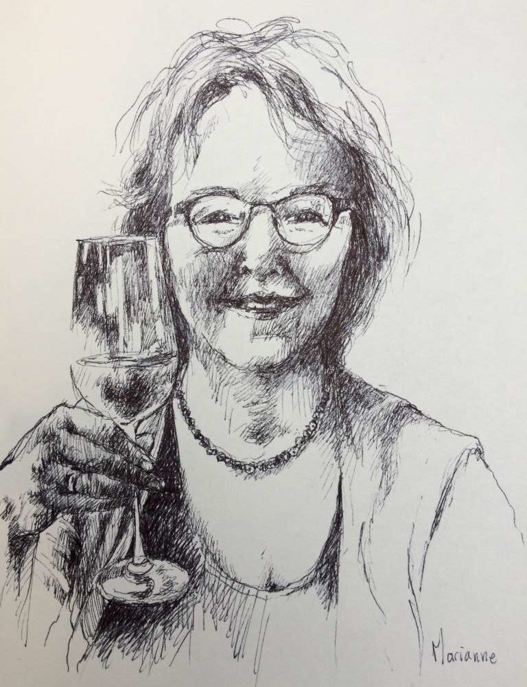 Gedetailleerde pentekening van Jeroen Coenders met een portret van een vrouw genaamd Marianne, die glimlachend een glas heft.