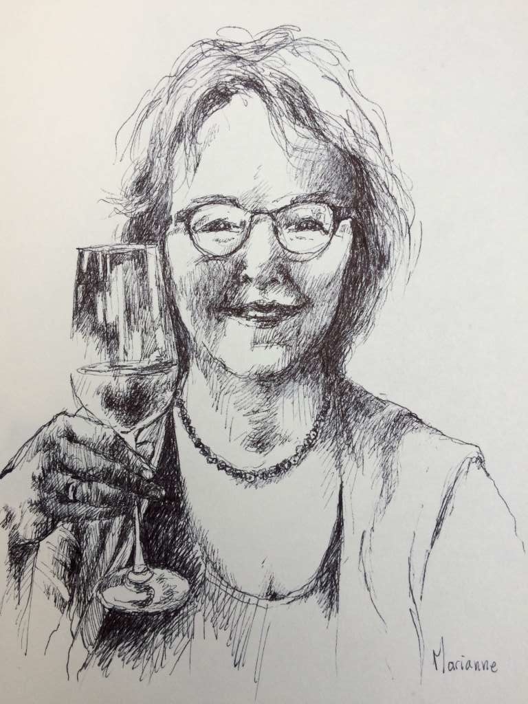 Gedetailleerde pentekening van Jeroen Coenders met een portret van een vrouw genaamd Marianne, die glimlachend een glas heft.
