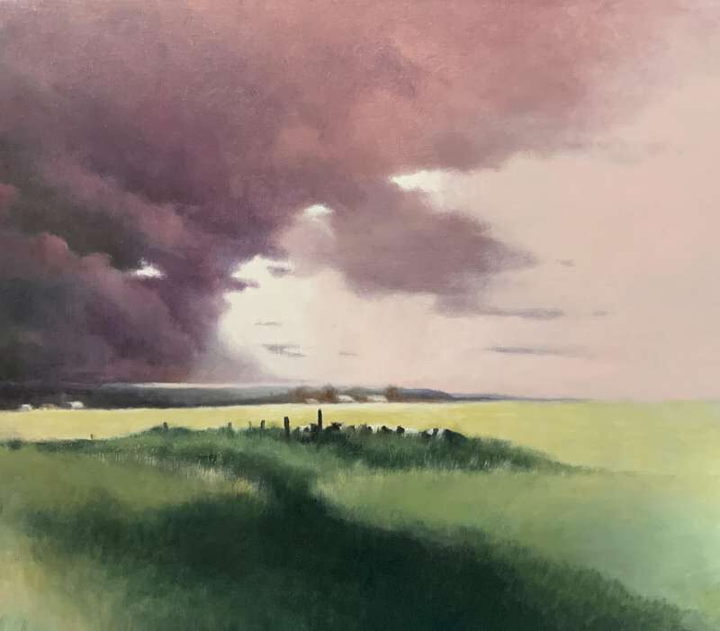Schilderij van Jeroen Coenders van een weids groen polderlandschap met een houten hekwerk onder een dreigende, paars-roze wolkenlucht.