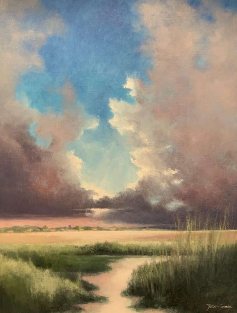 Schilderij van Jeroen Coenders van een open polderlandschap met een sloot, gras en een verre horizon onder een dramatische bewolkte lucht met roze en blauwe tinten.