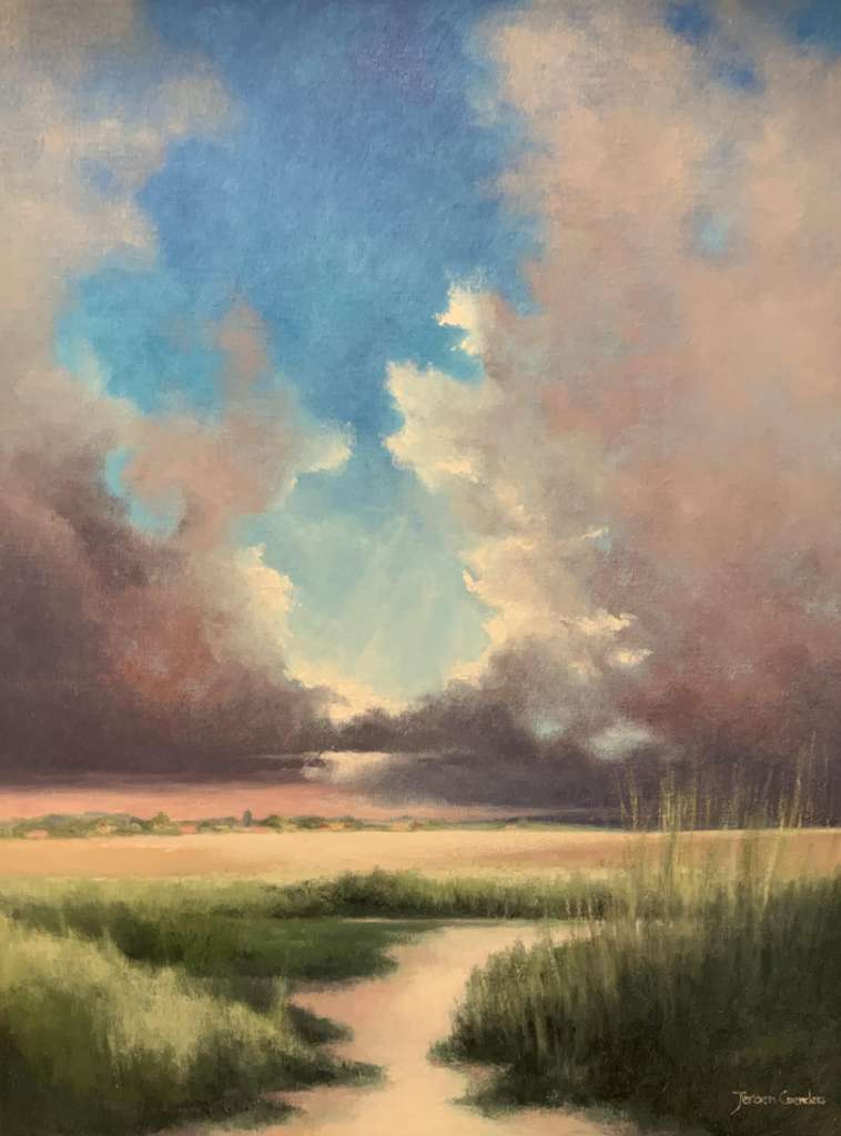 Schilderij van Jeroen Coenders van een open polderlandschap met een sloot, gras en een verre horizon onder een dramatische bewolkte lucht met roze en blauwe tinten.