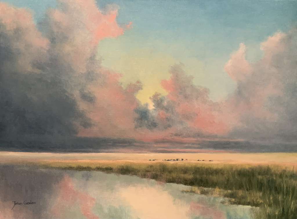 Schilderij van Jeroen Coenders van een weids Nederlands polderlandschap met een watergang op de voorgrond en een indrukwekkende wolkenpartij in roze en grijze tinten tijdens zonsondergang.