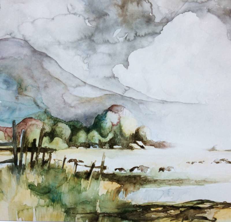 Sfeervolle aquarel van Jeroen Coenders van de Meent met grazend vee langs het water onder een dramatische wolkenlucht.