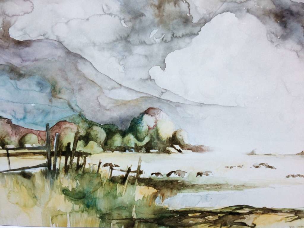 Sfeervolle aquarel van Jeroen Coenders van de Meent met grazend vee langs het water onder een dramatische wolkenlucht.