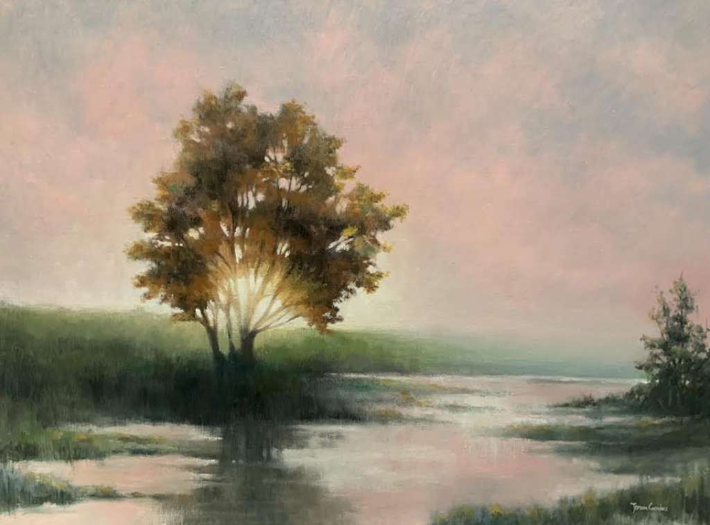 Schilderij van Jeroen Coenders van een boom met herfstbladeren bij een waterpartij in een weiland onder een zachte roze-grijze lucht.