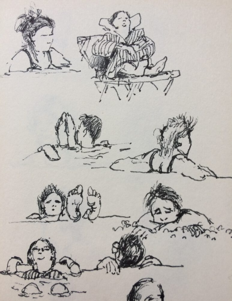 Snel geschetste pentekening van Jeroen Coenders met verschillende figuren die ontspannen en zwemmen in het kuuroord van Nieuweschans.