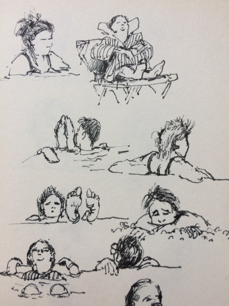 Snel geschetste pentekening van Jeroen Coenders met verschillende figuren die ontspannen en zwemmen in het kuuroord van Nieuweschans.