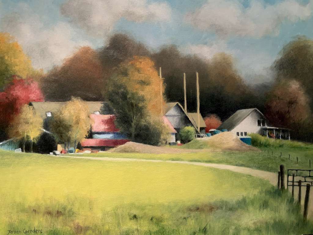 Schilderij van een landelijk landschap met boerderijen, herfstbomen en een groen weiland onder een bewolkte lucht, gemaakt door Jeroen Coenders.