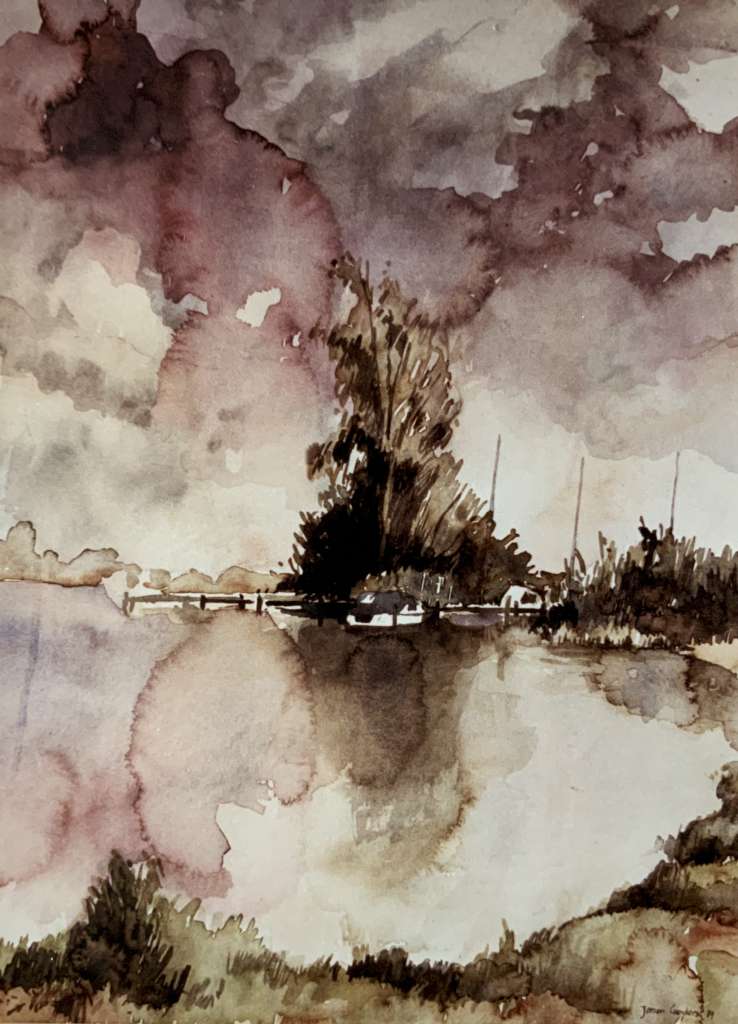 Aquarel van Jeroen Coenders met een opvallende paarse wolkenlucht die reflecteert in het water bij een beboste oever.