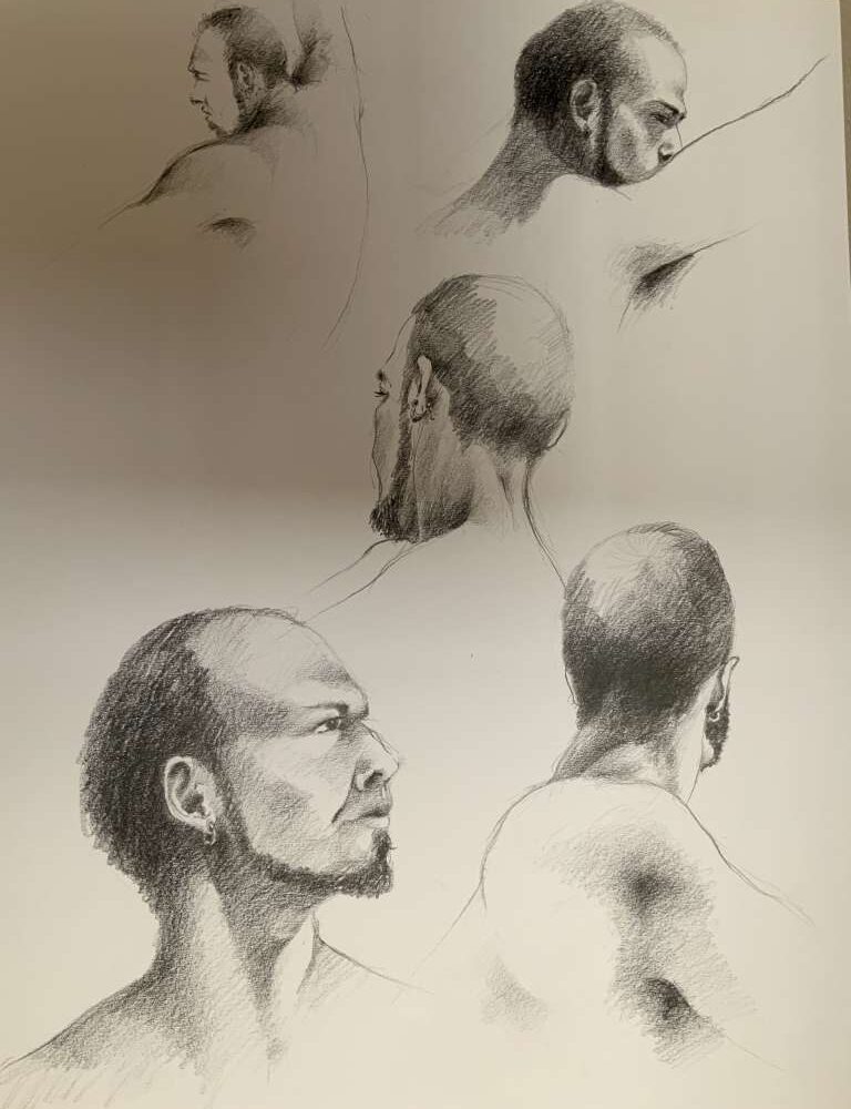 Artistieke houtskoolschets van Jeroen Coenders met diverse studies en profielen van een man genaamd Pim, getekend met focus op lichtval en schaduw.