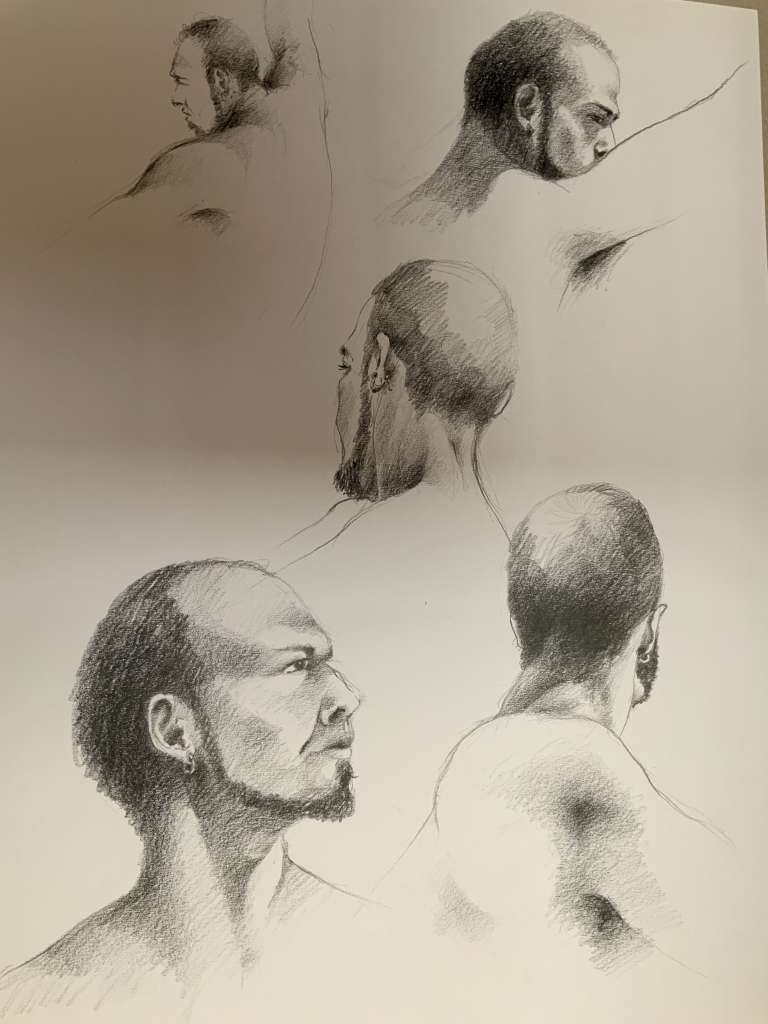 Artistieke houtskoolschets van Jeroen Coenders met diverse studies en profielen van een man genaamd Pim, getekend met focus op lichtval en schaduw.