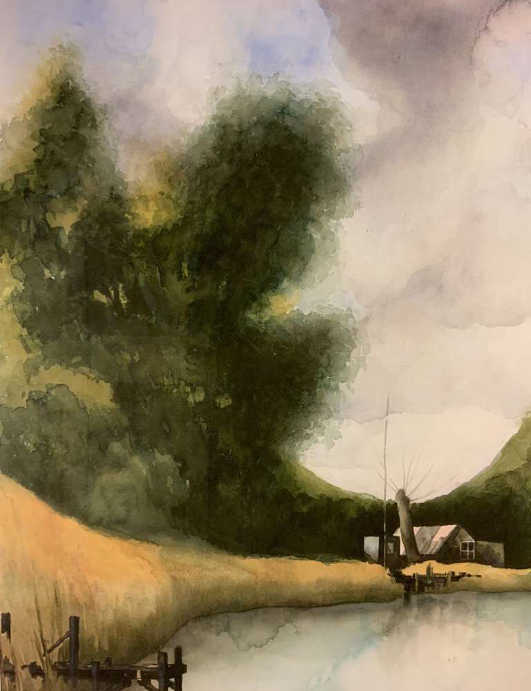 Aquarel van Jeroen Coenders met een schuilhut aan de waterkant, geflankeerd door hoge bomen en een karakteristieke knotwilg.