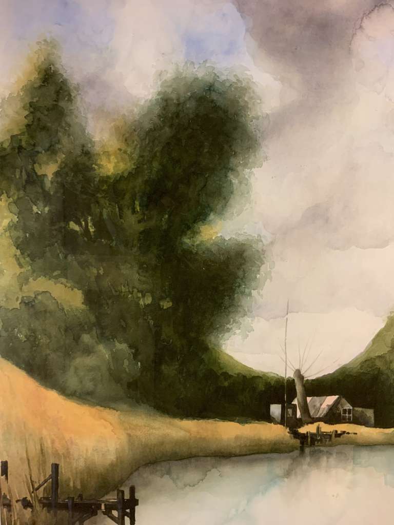 Aquarel van Jeroen Coenders met een schuilhut aan de waterkant, geflankeerd door hoge bomen en een karakteristieke knotwilg.