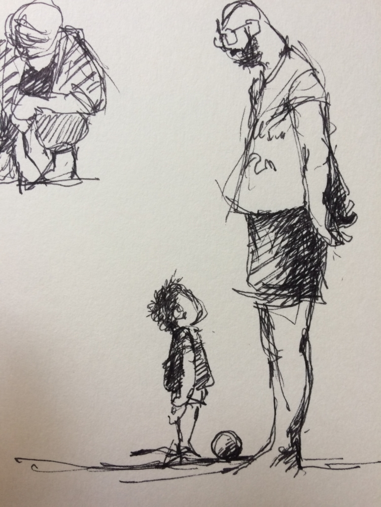 Snel geschetste pentekening van Jeroen Coenders waarop een kind omhoog kijkt naar een staande volwassene op het strand, getekend met expressieve lijnen.