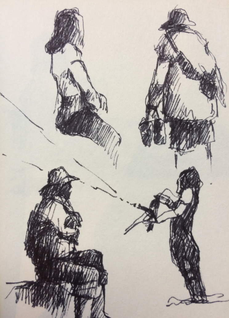 Expressieve pentekening van Jeroen Coenders met diverse figuren op het strand, waaronder zittende personen en een wandelaar met een hoed, vastgelegd in snelle schetslijnen.