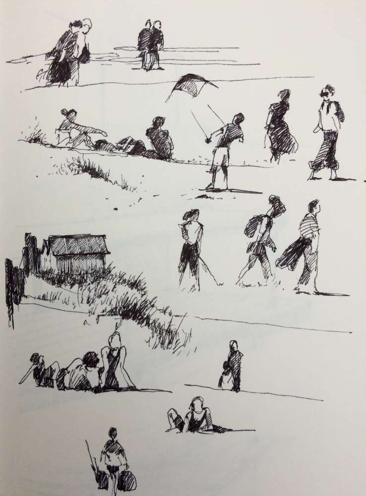 Snel geschetste pentekening van Jeroen Coenders met een verzameling strandscènes, waaronder wandelaars, vliegerende kinderen en zittende figuren bij een strandhut.