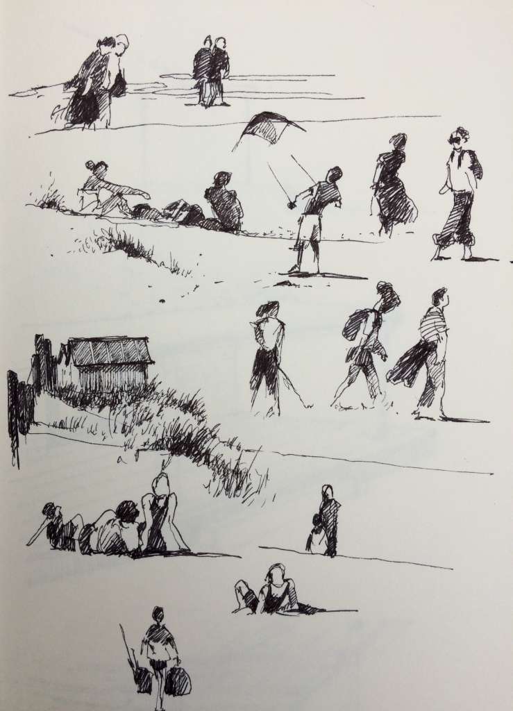 Snel geschetste pentekening van Jeroen Coenders met een verzameling strandscènes, waaronder wandelaars, vliegerende kinderen en zittende figuren bij een strandhut.