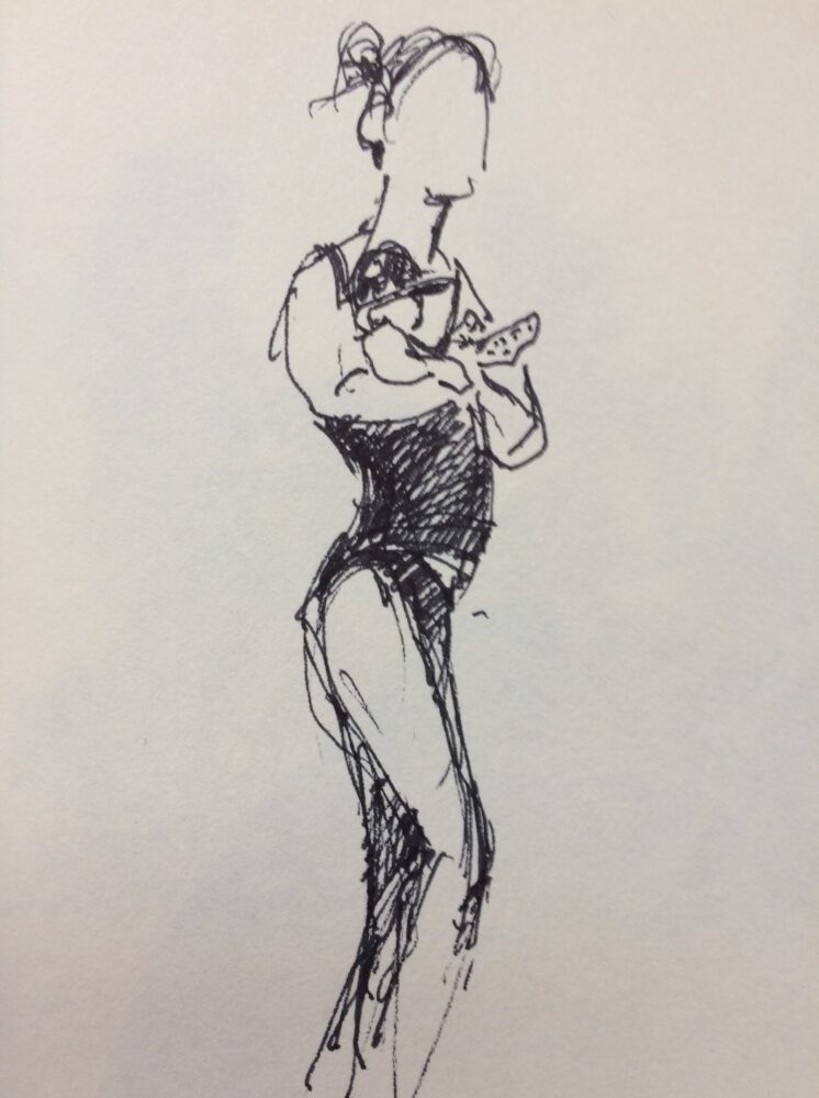 Minimalistische pentekening van Jeroen Coenders waarop een staand figuur in badkleding op het strand is geschetst met krachtige, snelle lijnen.