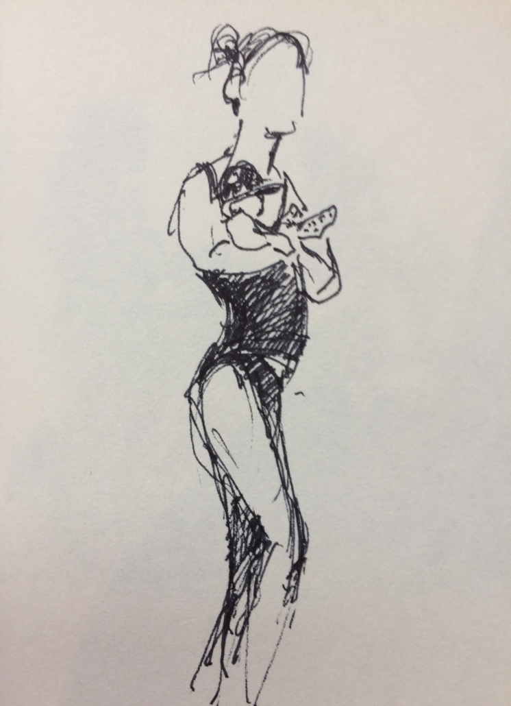 Minimalistische pentekening van Jeroen Coenders waarop een staand figuur in badkleding op het strand is geschetst met krachtige, snelle lijnen.