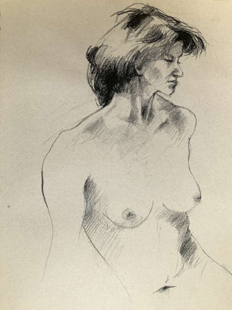 Artistieke houtskoolschets van Jeroen Coenders met een naaktportret van een vrouw genaamd Suzanne, afgebeeld in driekwart profiel met een focus op lichtinval en schaduwwerking.
