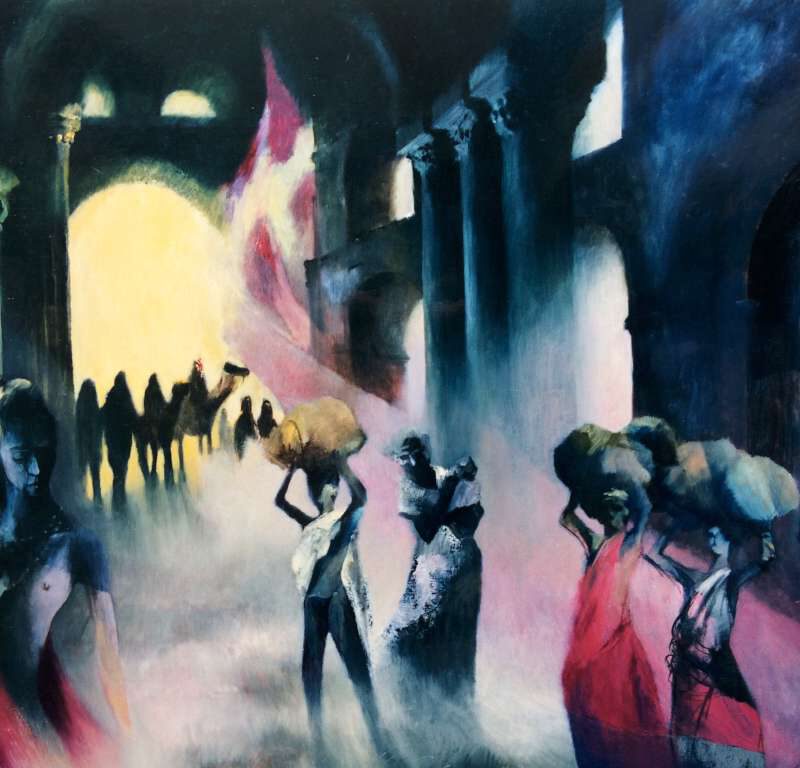 Schilderij 'Tempel' door Jeroen Coenders met een mystieke weergave van figuren met manden en kamelen in een monumentale architecturale setting met fel lichtinval.