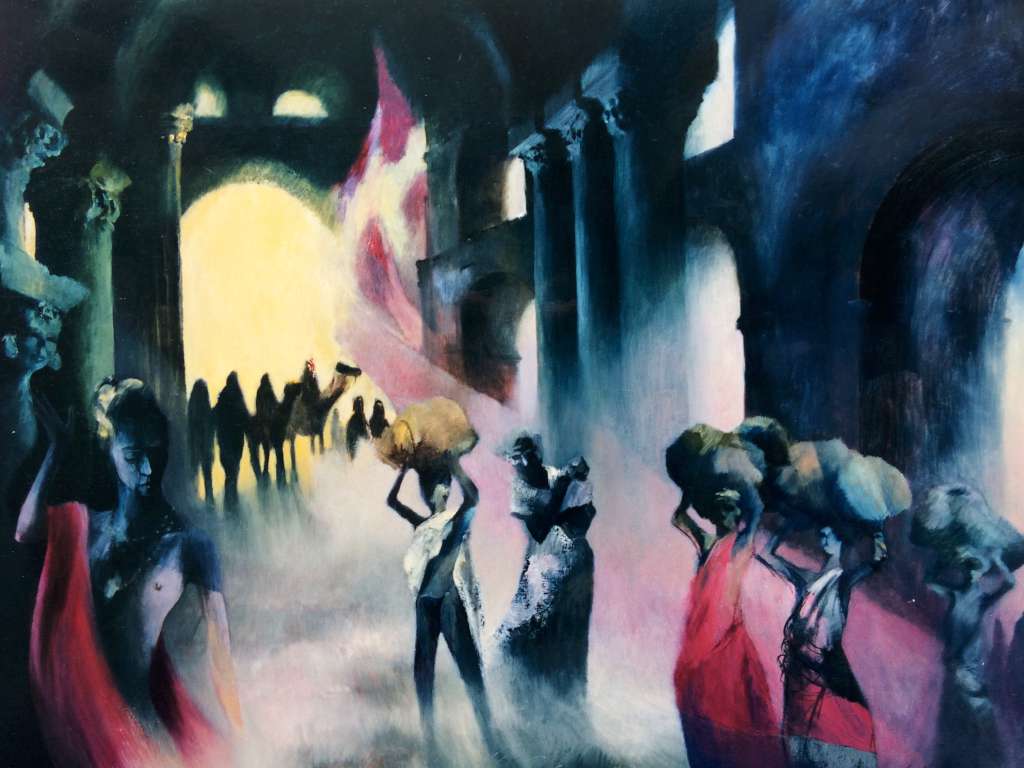 Schilderij 'Tempel' door Jeroen Coenders met een mystieke weergave van figuren met manden en kamelen in een monumentale architecturale setting met fel lichtinval.
