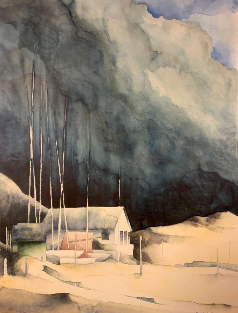 Aquarel van Jeroen Coenders met een wit huisje onder een donkere, dreigende wolkenlucht op Texel.