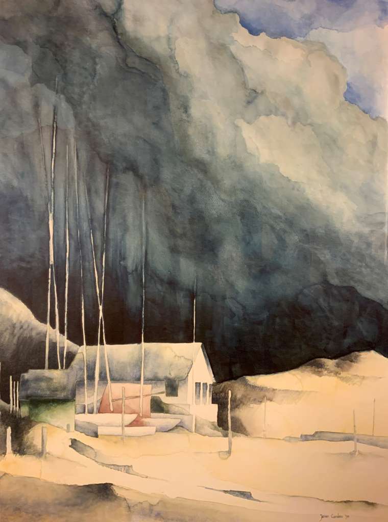 Aquarel van Jeroen Coenders met een wit huisje onder een donkere, dreigende wolkenlucht op Texel.