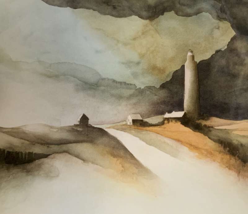 Schilderij van Jeroen Coenders van een vuurtoren en huisjes in een duinlandschap op Texel onder een bewolkte lucht.