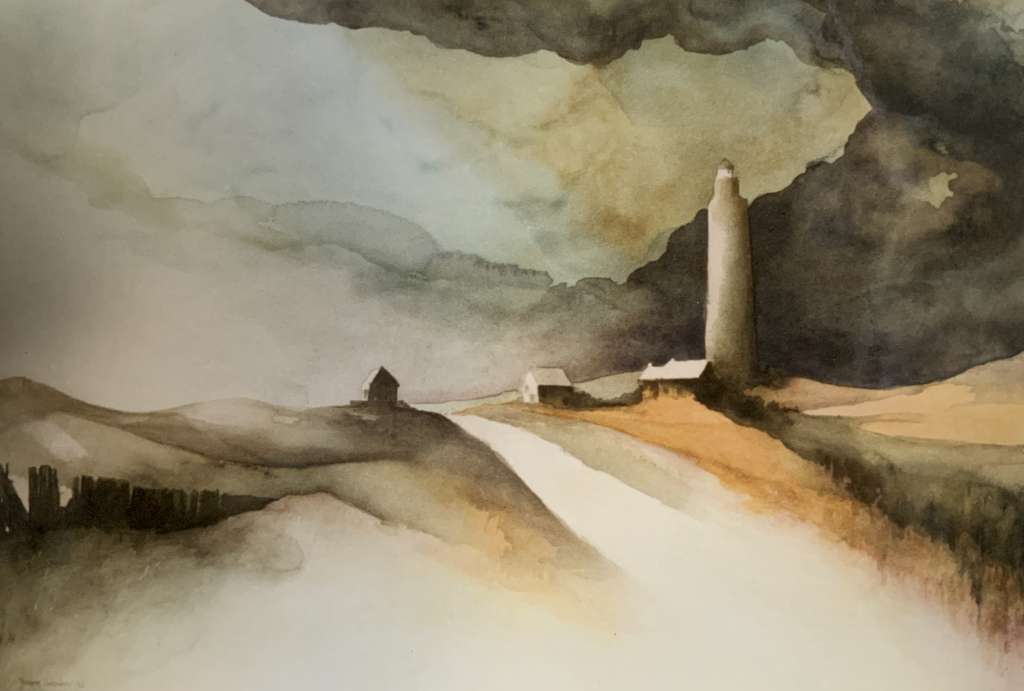 Schilderij van Jeroen Coenders van een vuurtoren en huisjes in een duinlandschap op Texel onder een bewolkte lucht.