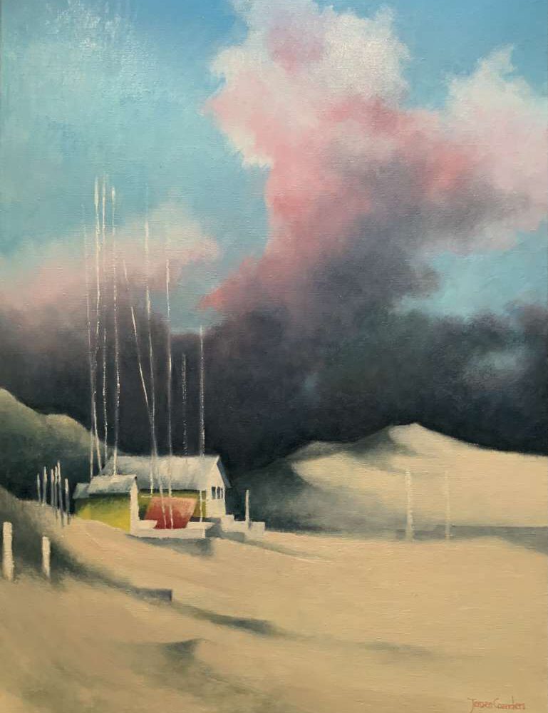 Impressionistisch olieverfschilderij van Jeroen Coenders met een afgelegen huis in een glooiend duinlandschap onder een dramatische lucht met roze-paarse wolken en verticale witte accenten die doen denken aan ranke bomen of lichtreflecties.