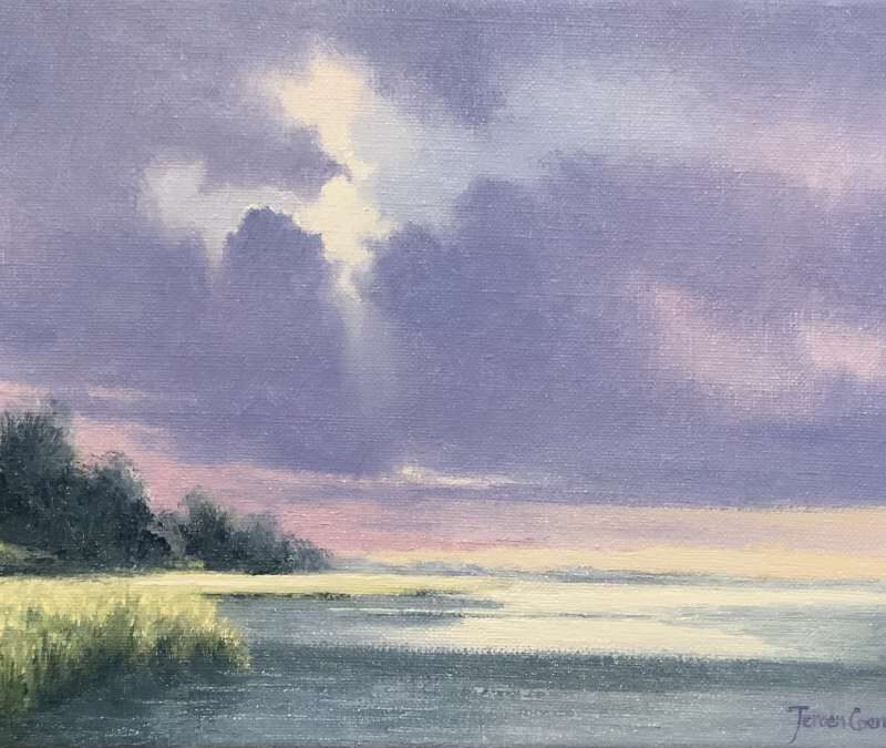 Olieverfschilderij van het Veluwemeer met een paarsgrijze wolkenlucht en invallend zonlicht op het water, geschilderd door Jeroen Coenders.
