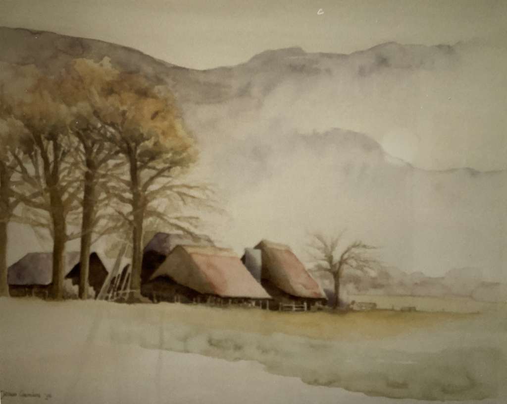 Sfeervolle aquarel van Jeroen Coenders van een Veluwse boerderij met karakteristieke daken in een mistig heuvellandschap.