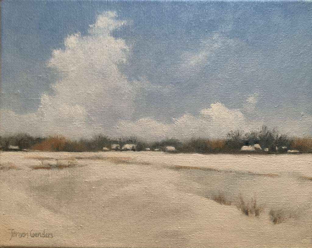 Impressionistisch winters landschap in olieverf door Jeroen Coenders, met een weidse besneeuwde vlakte onder een helderblauwe lucht met grote witte stapelwolken en een verre bomenrij met contouren van boerderijen.