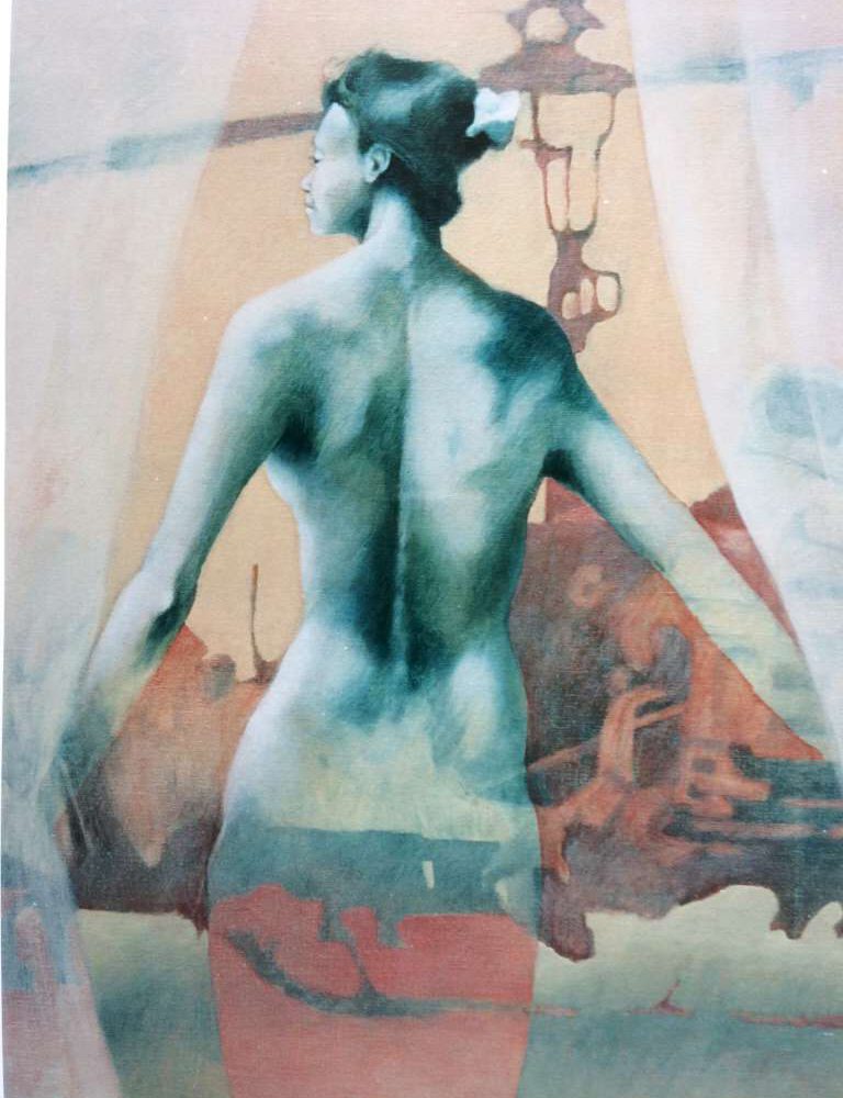 Figuratief schilderij 'Eva 1' door Jeroen Coenders met een gelaagde compositie van een vrouwelijk naakt, een lantaarnpaal en zachte blauwe en warme kleurtinten.
