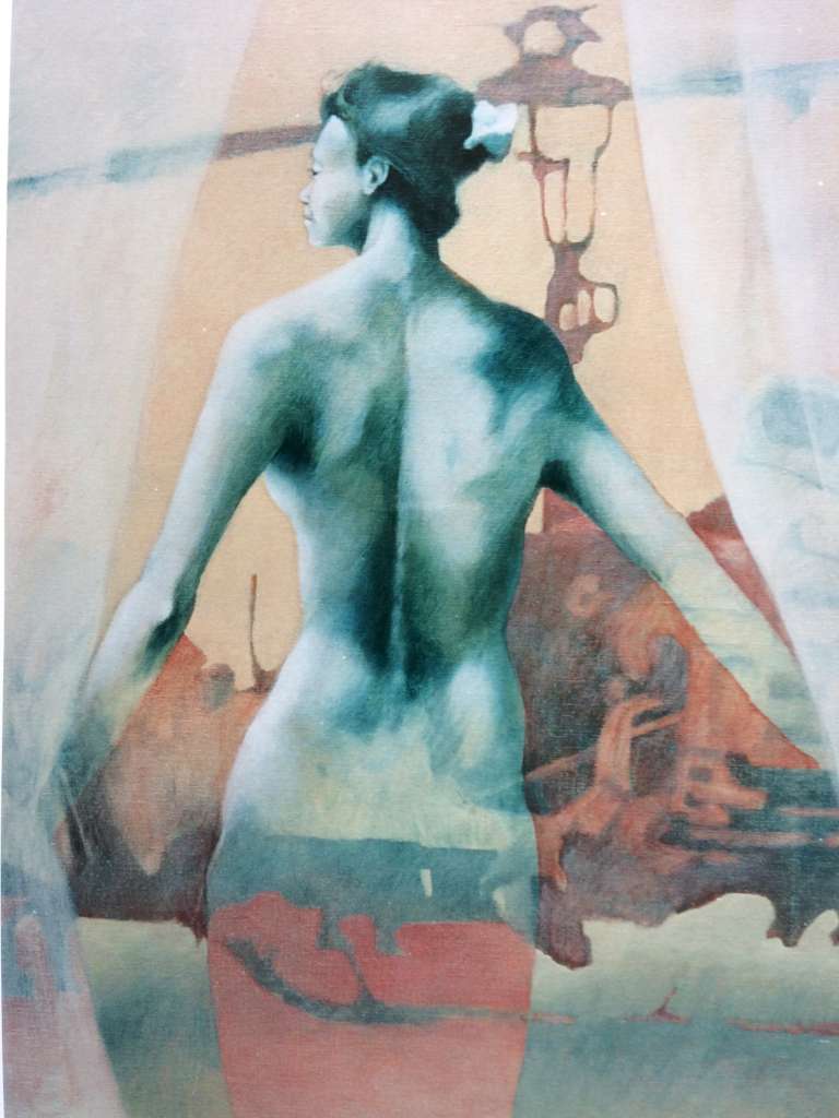 Figuratief schilderij 'Eva 1' door Jeroen Coenders met een gelaagde compositie van een vrouwelijk naakt, een lantaarnpaal en zachte blauwe en warme kleurtinten.