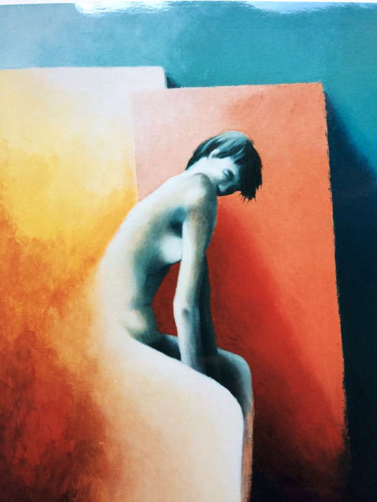 Artistiek schilderij 'Schotten' door Jeroen Coenders met een zittend vrouwelijk naakt tegen een achtergrond van geometrische vlakken in warm oranje en contrasterend blauw.