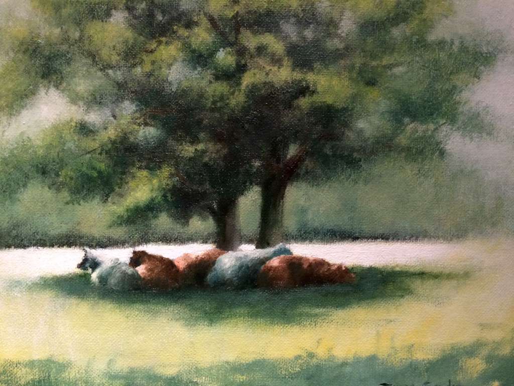 Schilderij van een groep schapen die in de schaduw van een grote boom rusten in een zonnig weiland, gemaakt door Jeroen Coenders.